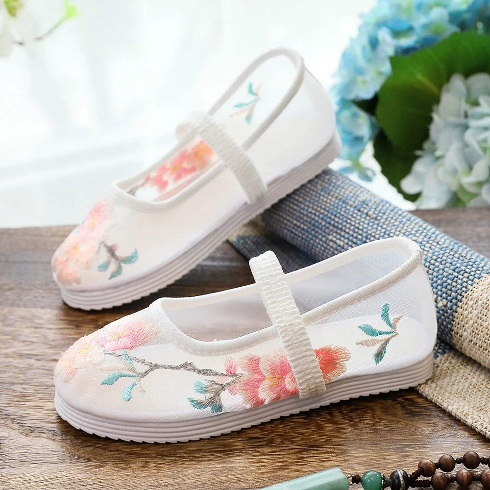 Veowalk Summer 1-14 Year Children Girls Mesh Ballet Flats with Platforms Chinese Embroidery Kids' Casual Play Shoes Comfortable