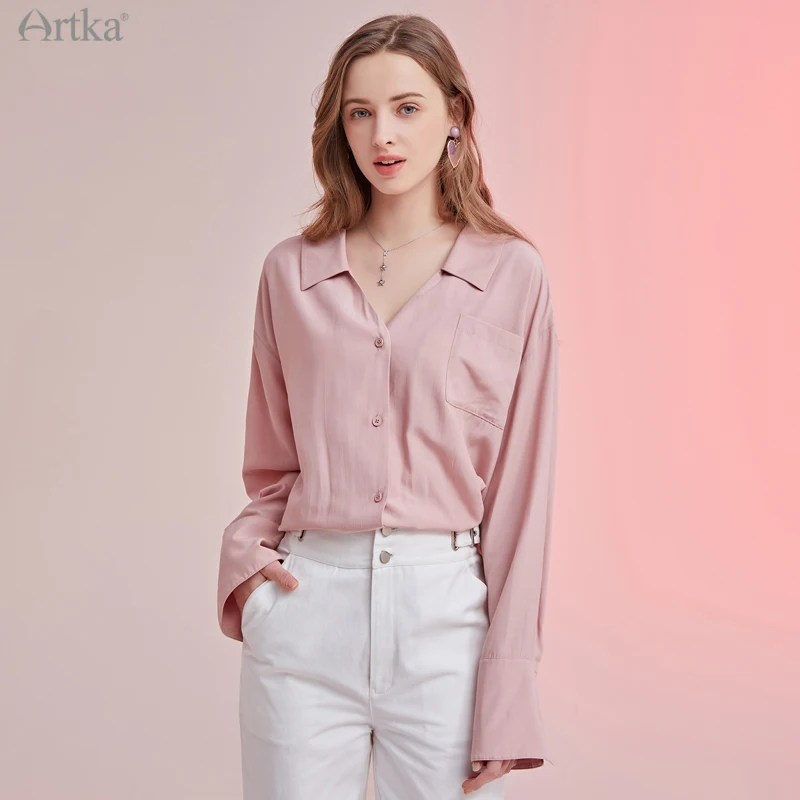 ARTKA 2021 primavera nuove donne camicetta elegante 2 colori scollo a v camicia in Chiffon manica lunga sciolto morbido camicie di raso con telai SA25110C