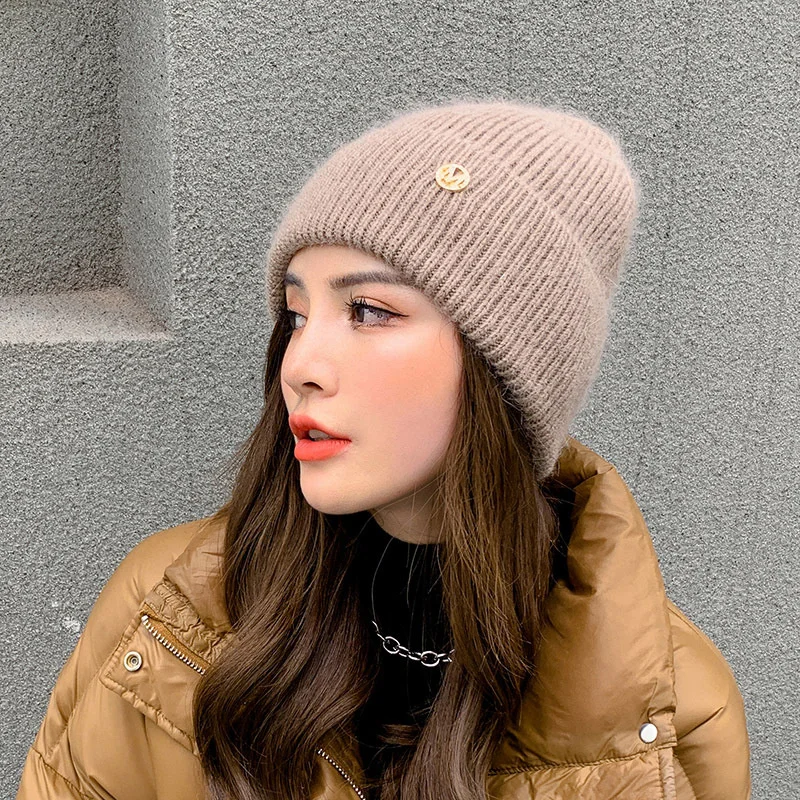 

Autumn Winter Rabbit Hair Winter Hat Warm Beanies Hats Casual Women Solid Adult Cashmere Knitted Beanie Hat With Bright Wire