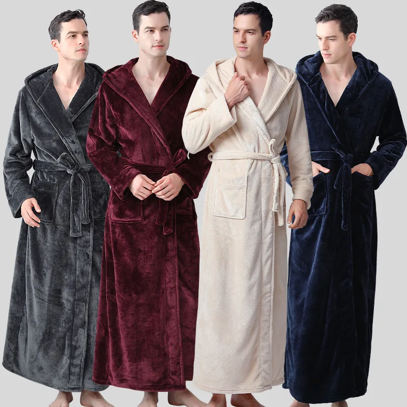 Winter Male Husband Hooded Thickened Robe Flannel Nightgown Coral Velvet Long Bathrobe Mens Dressing Gown Night Dress Loose Warm