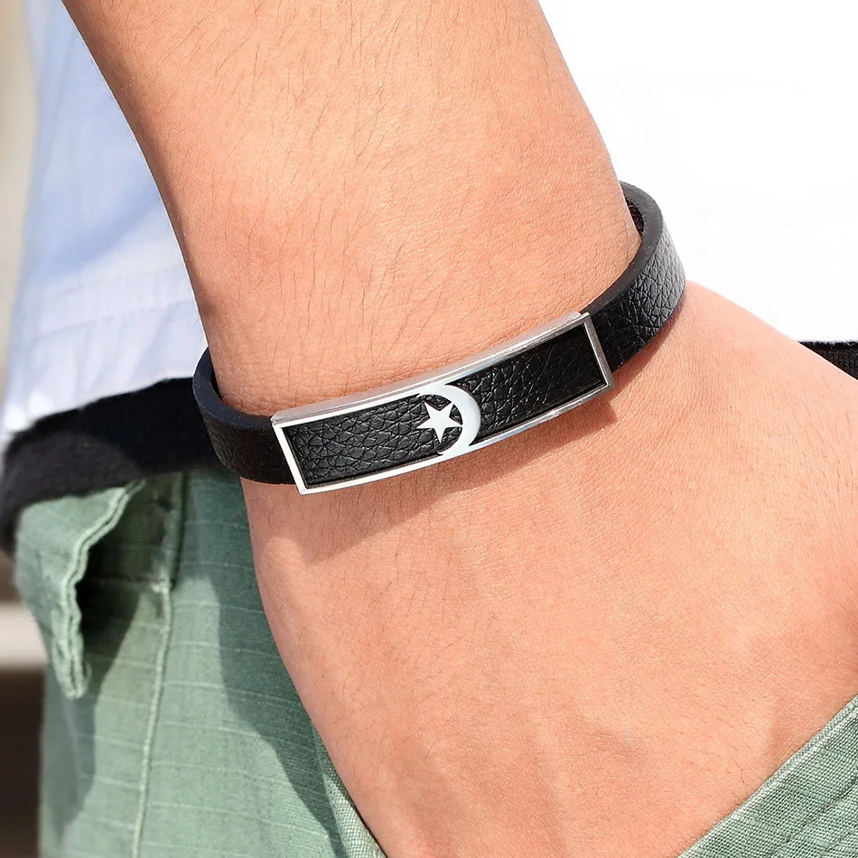 Turkey Flag Star and Moon Leather Bracelet Islam Religious Jewelry Stainless Steel Wristband Men's and Women's Fashion Bangle