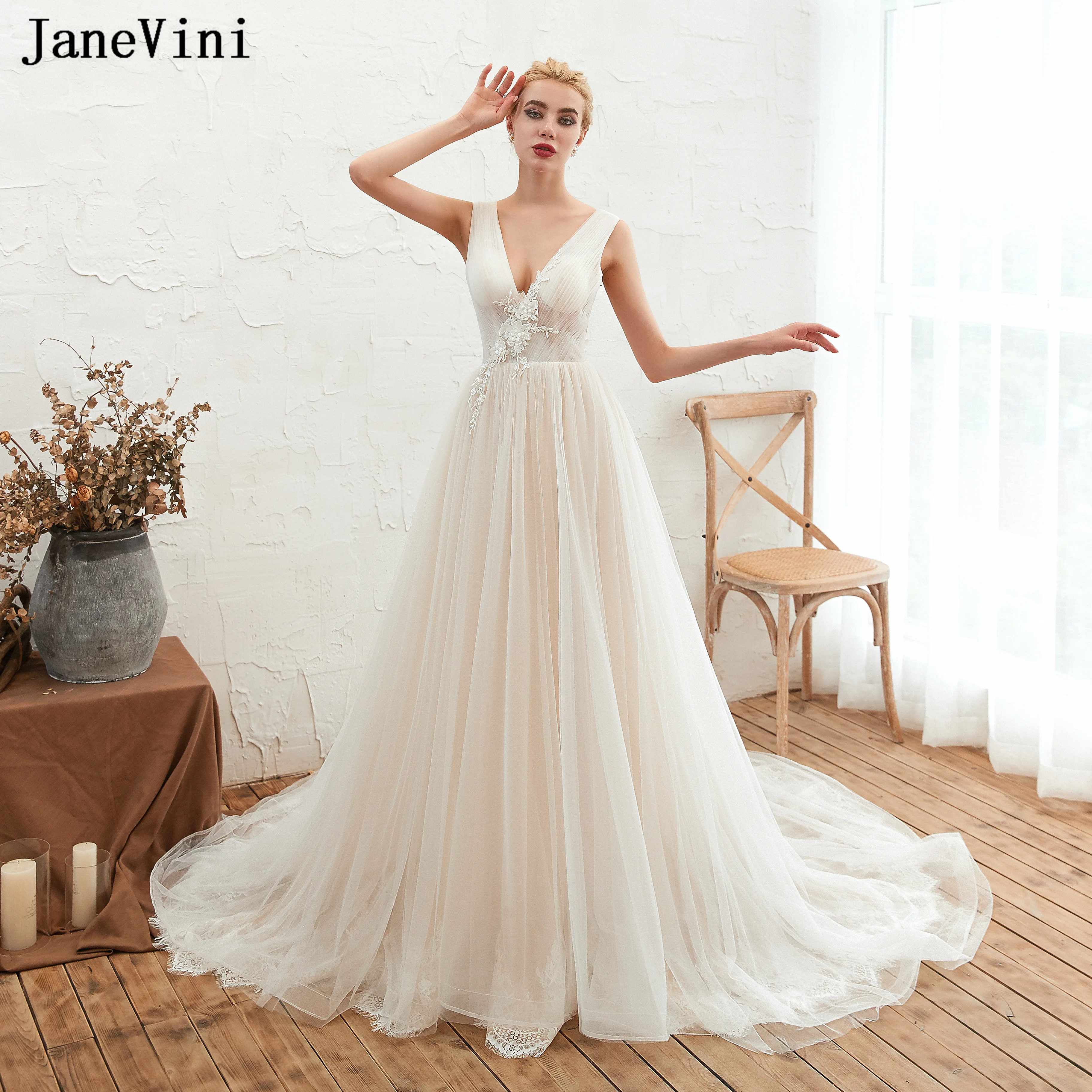 Janevini vestidos 2019 딥 브이 넥 tulle 롱 웨딩 드레스 민소매 아플리케 오픈 백 라인 브라 가운 abito da sposa