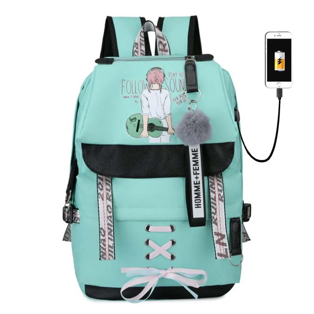 

Large School Bags Teenage Girls USB Women Travel bag Student Bookbags kids Bagpack Green Printing Big Capacity College bookbag