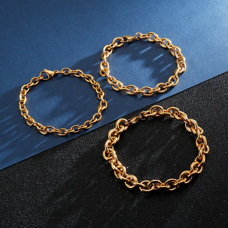 KALEN Gold Color Link Chain Bracelet For Men Women Stainless Steel 11mm Chunky Chain 16cm-24cm Hand Wristband Unisex Jewelry