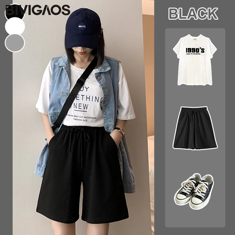 BIVIGAOS Summer New Women Cotton Gray Shorts Wide Leg Shorts High Waist 2020 Drawstring Large Casual Loose Shorts Sport Tide