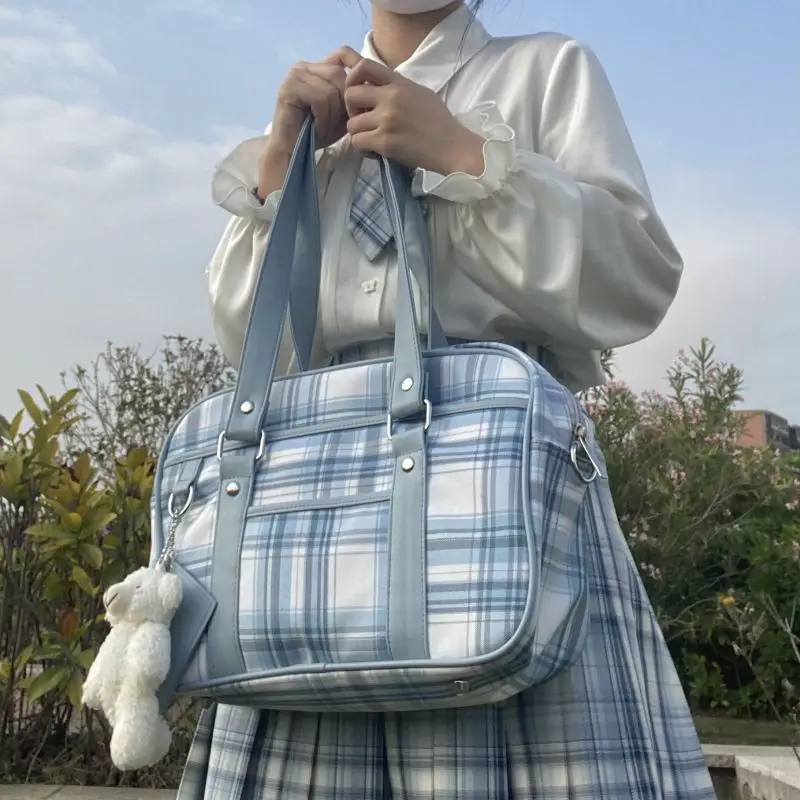 Japan JK Retro Shoulder Bag Ladies Fresh Plaid Design Uniform Messenger Bag PULeather Handbag Student Rabbit Pendant Cosplay Bag