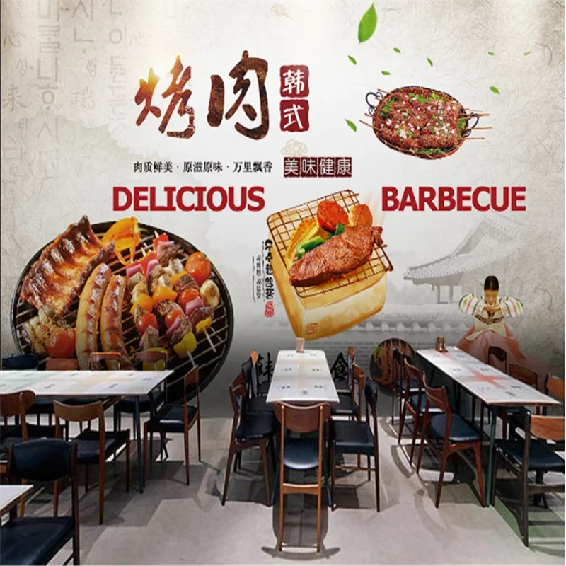 Custom  Korean style Theme Restaurant Landscape  wall paper Hand-Korean bbq Background  Industrial Decor Mural Wallpaper 3D