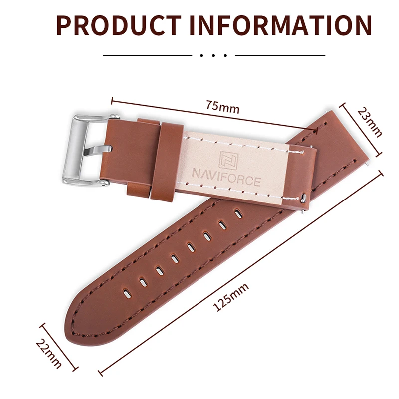 NAVIFORCE Genuine Leather Watch Band 23mm Brown Men Watchband Strap Watch Accessories Waterproof Belt With Buckle Quick Release