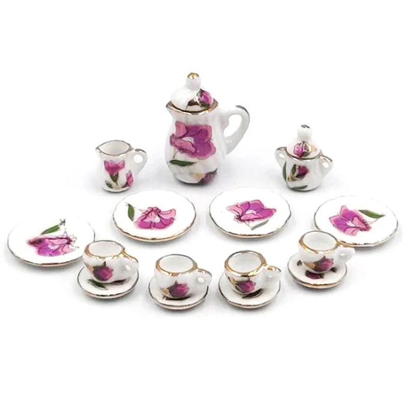 15Pcs/set 1:12 Dollhouse Miniature Ceramic Tableware Porcelain Ceramic Tea Cup Plate Simulation Kitchen Toys