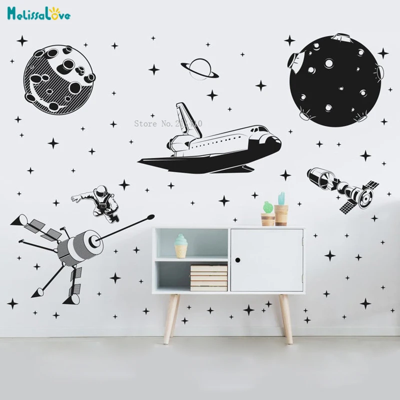 

Large Size Space Theme Wall Decal Space Shuttle Astronaut Stars Asteroids Satellites Planet Kids Art Stickers YT1914