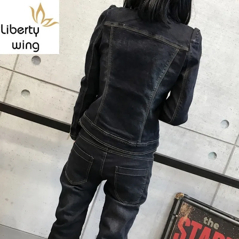 Neue Frauen Slim Fit Denim Zwei Stück Set Casual Zipper Jeans Jacke Passenden Sets Moto Biker Outfits Freund Conjuntos De mujer