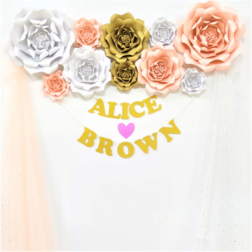 DIY Paper Flowers Set Custom Name Sign Wedding Garland Banner Backdrop Marriage Flowers Glittered Name Sign Bridal Shower Decor