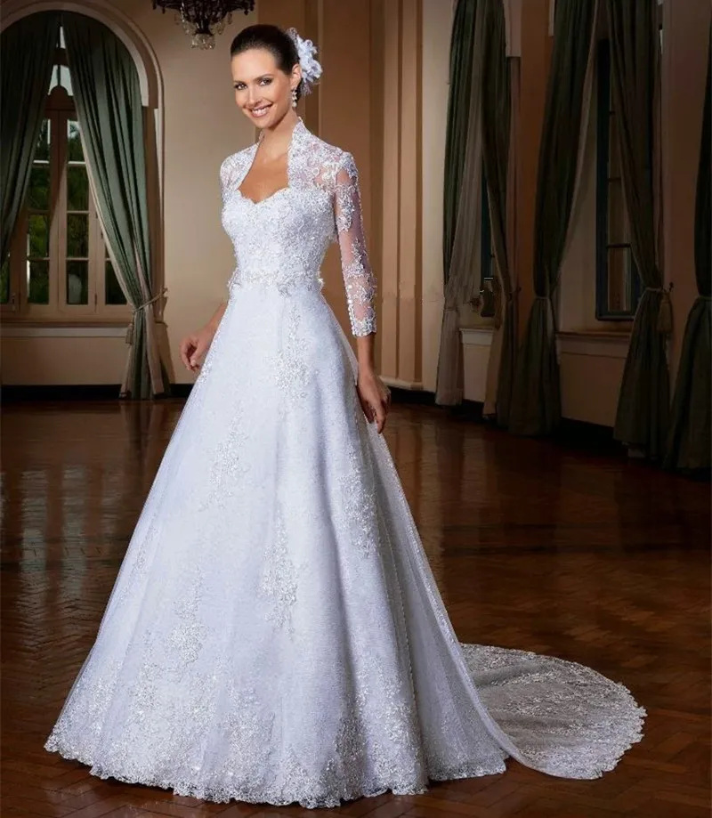 2019 New Style A-Line Sweetheart 3/4 Sleeves Tulle with Appliques Court Train Bridal Gowns with Jacket mother of the bride dress