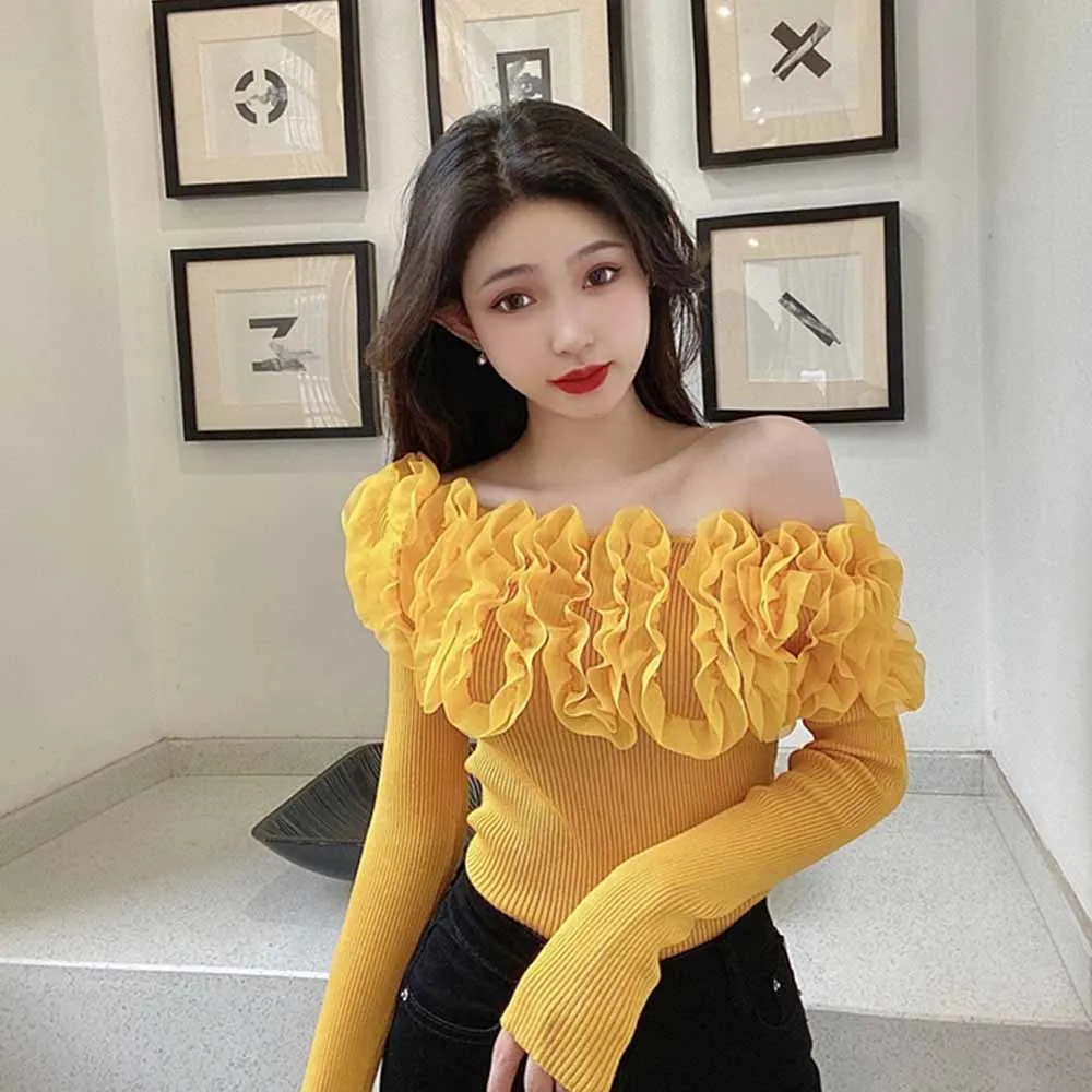 Women New Knitted Sweater Spring Autumn 2022 Korean Style Slash Neck Fungus Colorblock Pullovers Outwear Casual Knitwear Tops