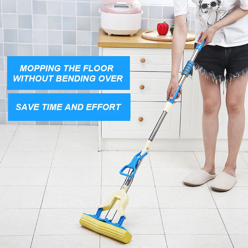 Strong Floor Mop Absorbent Sponge Mop Stainless Steel Handle Microfiber Pad Home Floor Cleaning Tool Home Bathroom Kitchen Clean