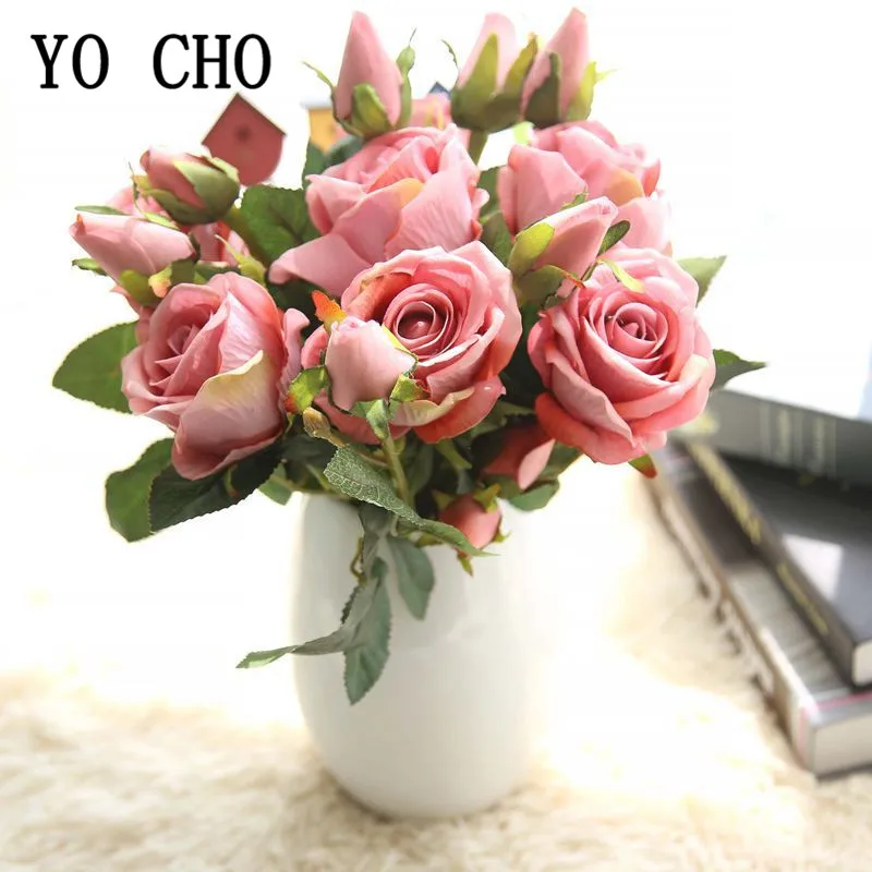 Flores artificiales de 3 cabezas, rosas falsas de tela, rama Flore, decoración de boda, Primavera, rosas pequeñas vívidas, accesorios de Mesa para el hogar