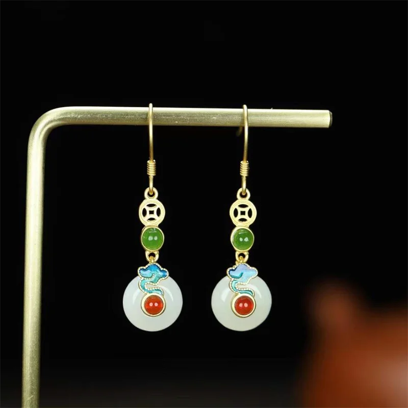 Hot Selling Natural Hand-carved 925 Silver Gufajin Inlaid  White Jade PinganBuckle Earrings Studs FashionJewelry Women LuckGifts