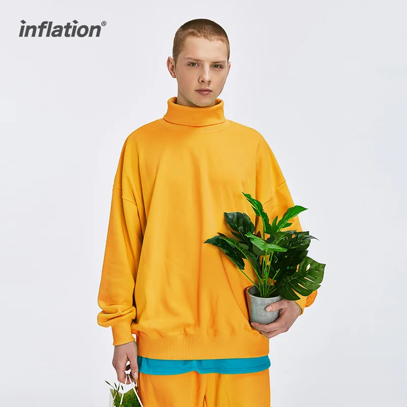 INFLATION Basic High Collar Drop Shoulder Oversized Sweatshirt Unisex Streetwear Hip Hop Pulllovers