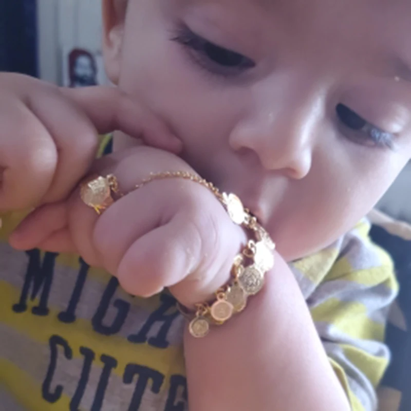 Dubai African Coins Bangles Arabic  Jewelry Gold Bangles for Kids Copper Baby bracelets with Ring