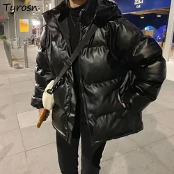 Hooded Parkas Women Solid Black Design PU Short Style Parka Streetwear Harajuku Zipper Thicker Loose Winter Coats Teens Stylish