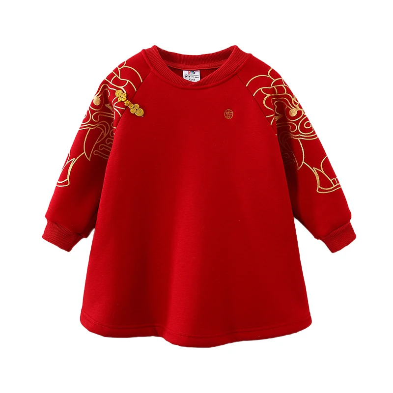 2024 Winter 2 3-12 Years Embroidery Red Ethnic Thickening Traditional Chinese New Year Style Sweatshirt For Kids Baby Boys Girls