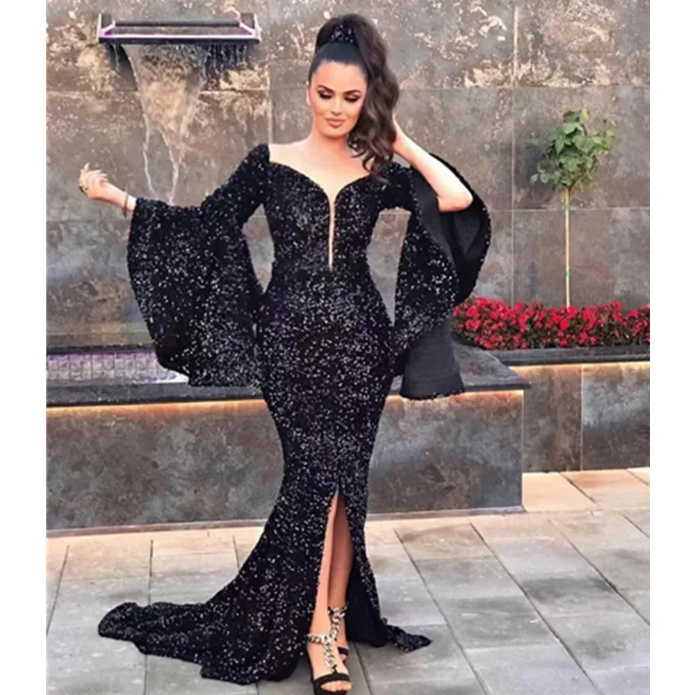 

Women Luxury Black Sequined Bright Maxi Dress Long Flare Sleeve Suqare Collar Celebrity Evening Party Dresses Singer Performance