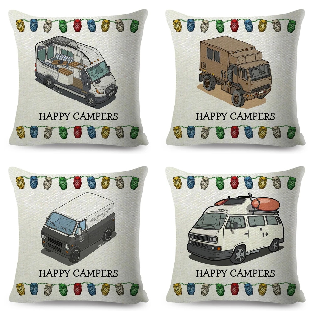 Happy Camper Van Life Pillow Case Decor Cartoon House Travel Car Cushion Cover for Sofa Home Children Room 45x45cm Pillowcase