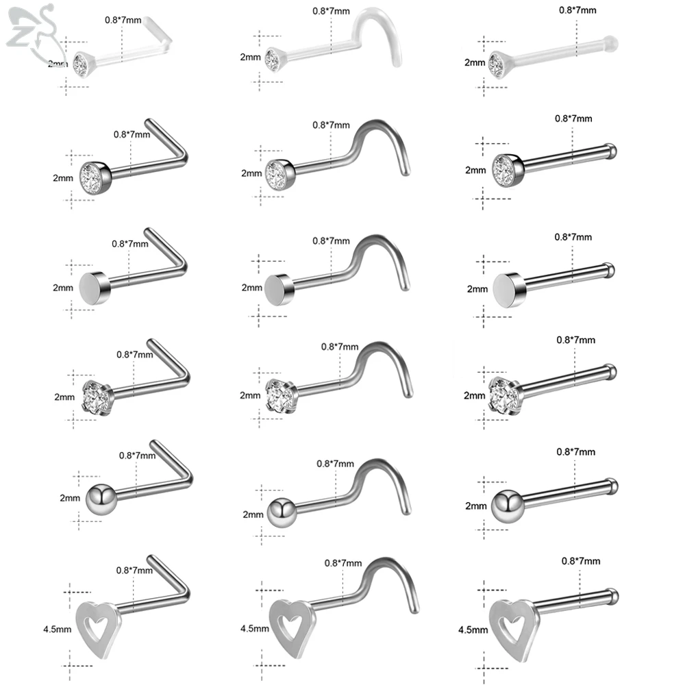 ZS 6pcs/lot Stainless Steel Nose Piercing Men CZ Crystal Heart Ball Nose Studs Retainer Pin L Shape Nostril Piercing Jewelry 20G