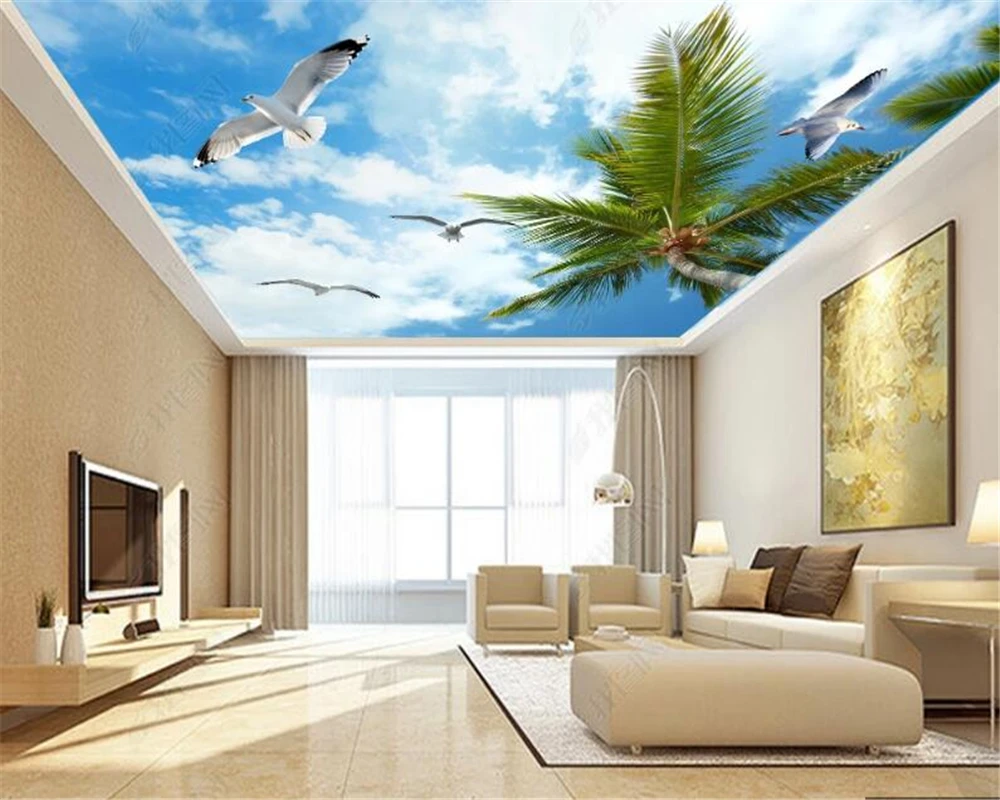 Customized Wallpaper 3d Beautiful Blue Sky White Clouds Coconut Sea Bird Sunshine Ceiling Mural Living Room Decoration Painting