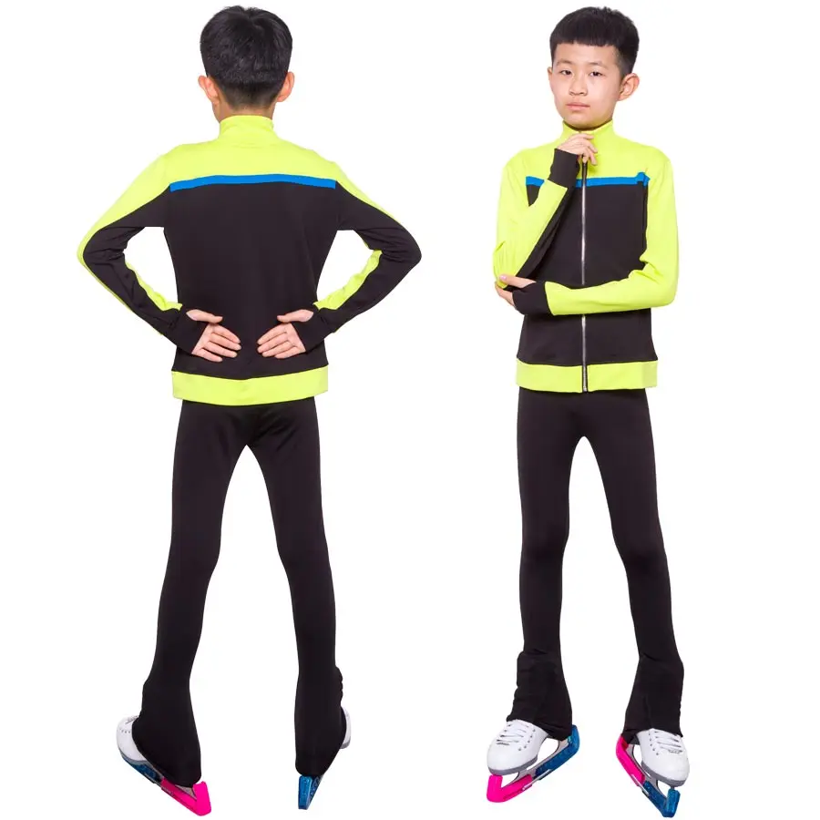 Boys men figure skating costumes TopsFigure skating show clothing Black blue stripe pattern Long sleeve Stretch fabrics