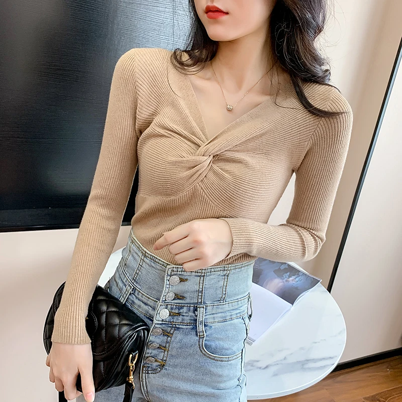 Sexy Cross V-neck Knitted Tops Womens Spring Autumn Long Sleeve Bodycon Sweater Korean Lady Black White Khaki Blue Pink Knitwear