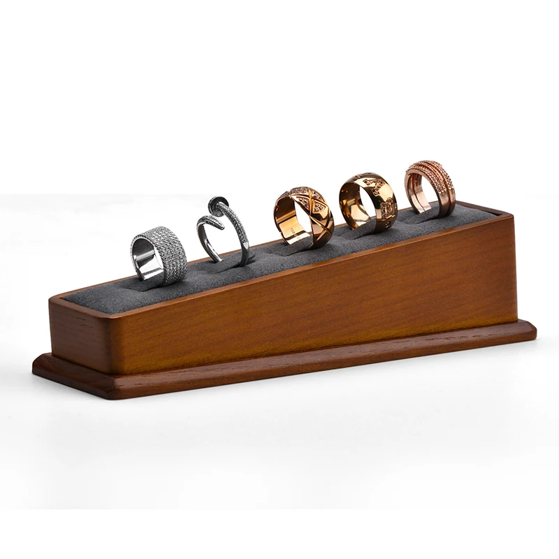 Oirlv 5 Grids Solid Wooden Ring Display Stand with Microfiber Jewelry Organizer Rack for Women and Men