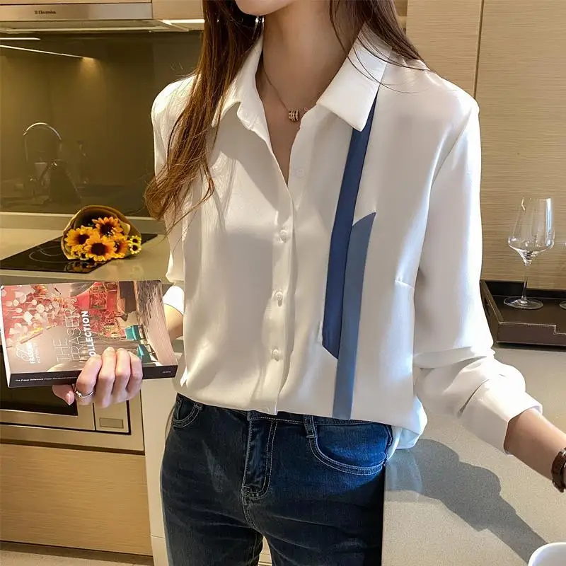 Shirt Female Design Sense Of Minority Long Sleeve 2021 Spring New Temperament Professional Color Matching Shirt Chiffon Top