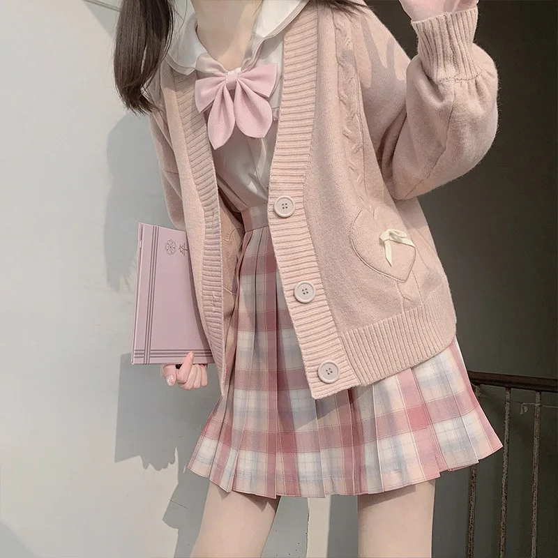 

Korean Version Women's Vintage Crop Knitted Sweater, Pink Cardigan, JK School Coat, Cute Bow Heart, Kawaii Fashion, Spring