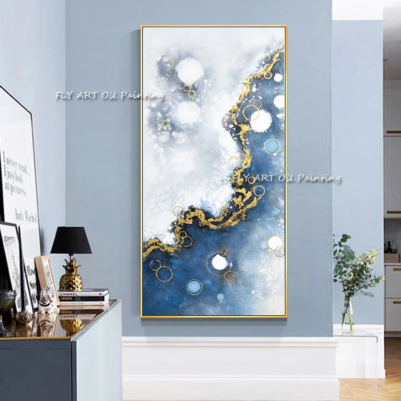 New Handmade Modern Abstract Blue Gold Painting Canvas Painting Living Room Home Decoration Painted By Skill Artist