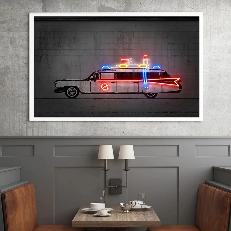 LED Neon Car Nordic Modern Concrete Canvas Painting Para Sala Ghostbusters Car Neon Graffiti Pop Street for Kid Boy Room Decor