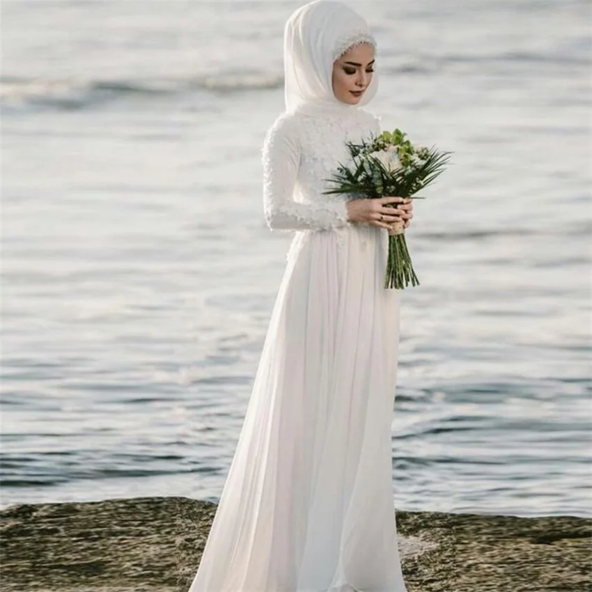 

Long Sleeve Muslim Wedding Dress High Neck with Hijab Lace Applique Chiffon Floor Length Arabic Bridal Dresss Customized