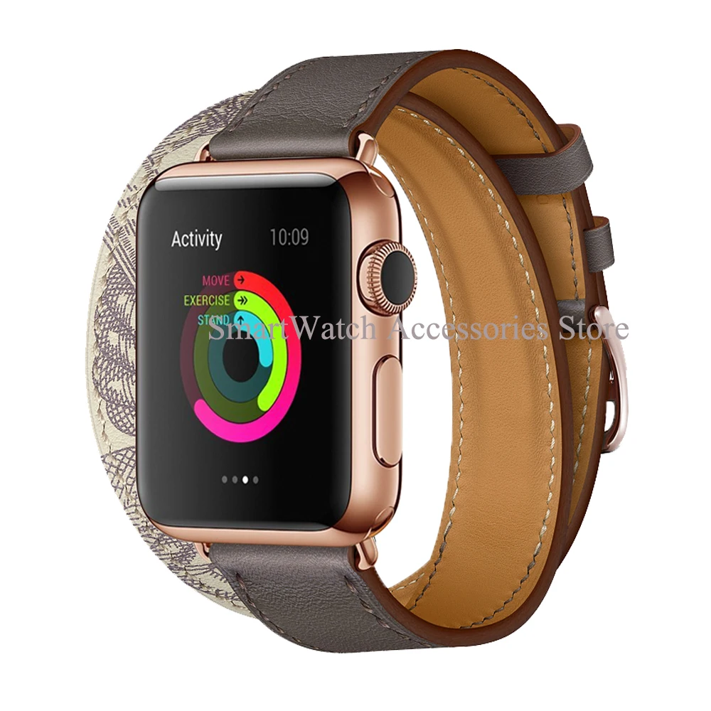 For Apple Watch Band 7 6 5 4 3 2 1 SE Rose Gold Buckle Double Leather Apple Watch 45mm 41mm 44mm 40mm 42mm 38mm Strap For iWatch