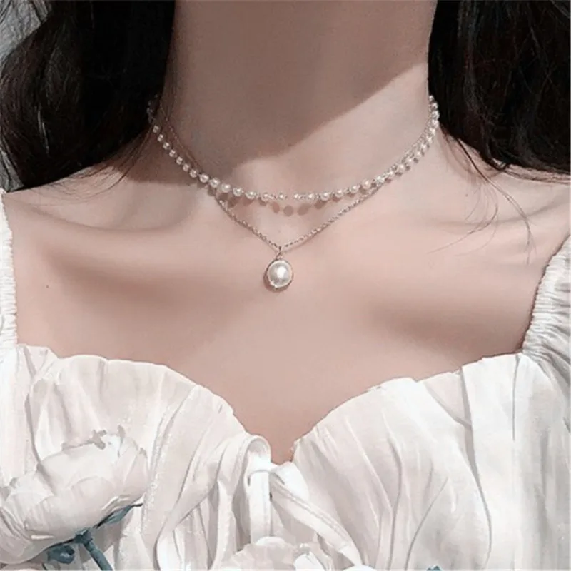 Doppel-schichten Imitation Perle Halsketten für Frauen Runde Perle Anhänger Halskette Koreanische Mode Charme Hals Zubehör Collares