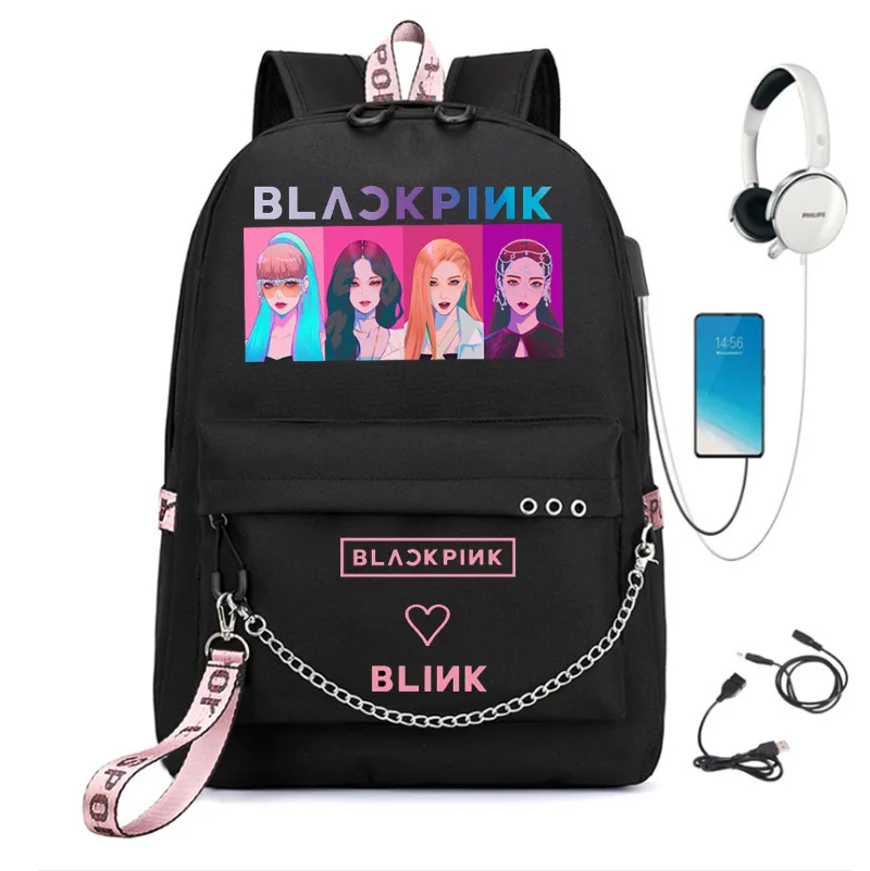 Fashion Black Backpacks Pink Girls School Bags Travel Bags Laptop Chain Backpack Headphone USB Port