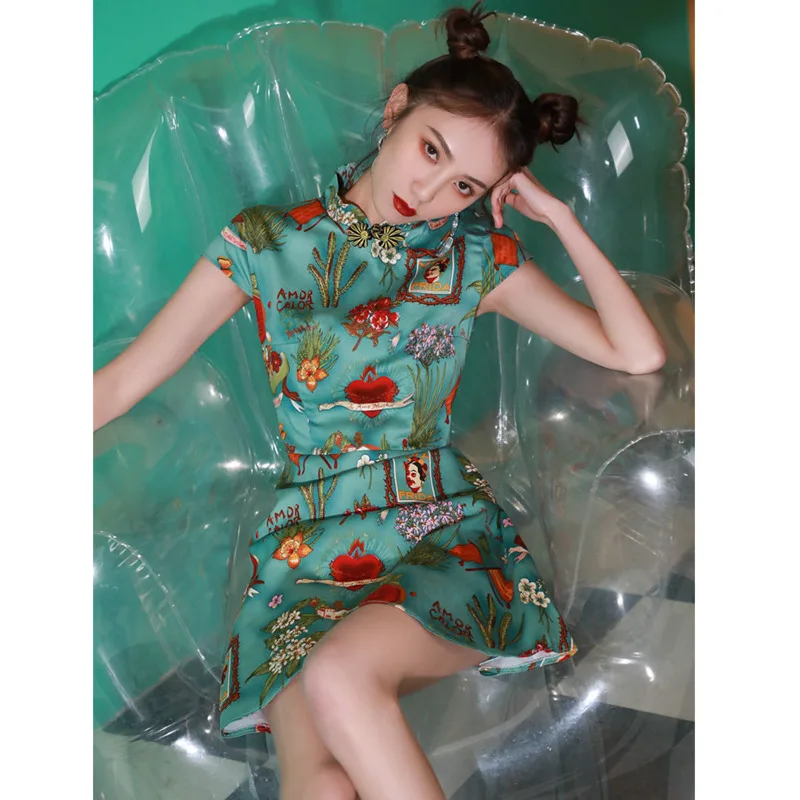 Qipao ajustado y moderno para mujer, vestido chino de línea A, estilo étnico Hanfu, Vintage, tradicional, estampado mejorado, novedad de verano