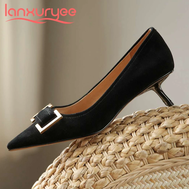 

Lanxuryee nightclub fashion sheep suede metal decorations pointed toe med strange heel slip on mature elegant women pumps L00