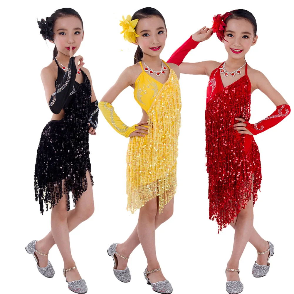 Kids Girls Sparkling Sequin Latin Dancing Dresses Children Tassel Skirt Latin Dance Costumes 4-12 Years