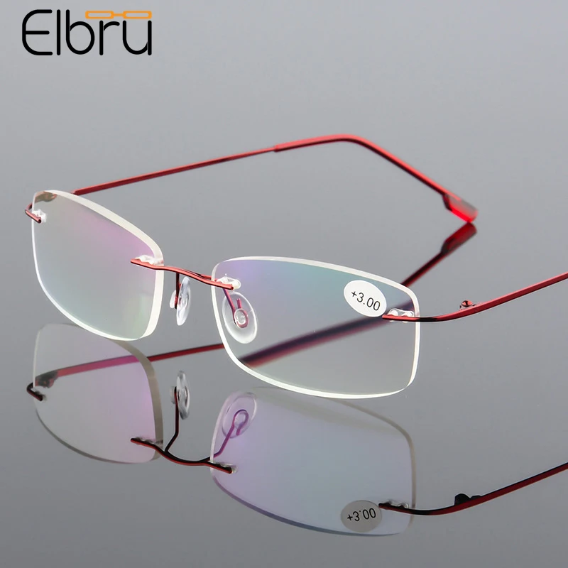 Elbru Men Women Rimless Reading Glasses Anti Blue Light Ultralight Memory Titanium Presbyopic Eyeglasses Eyewear Diopter+1.0+4.0