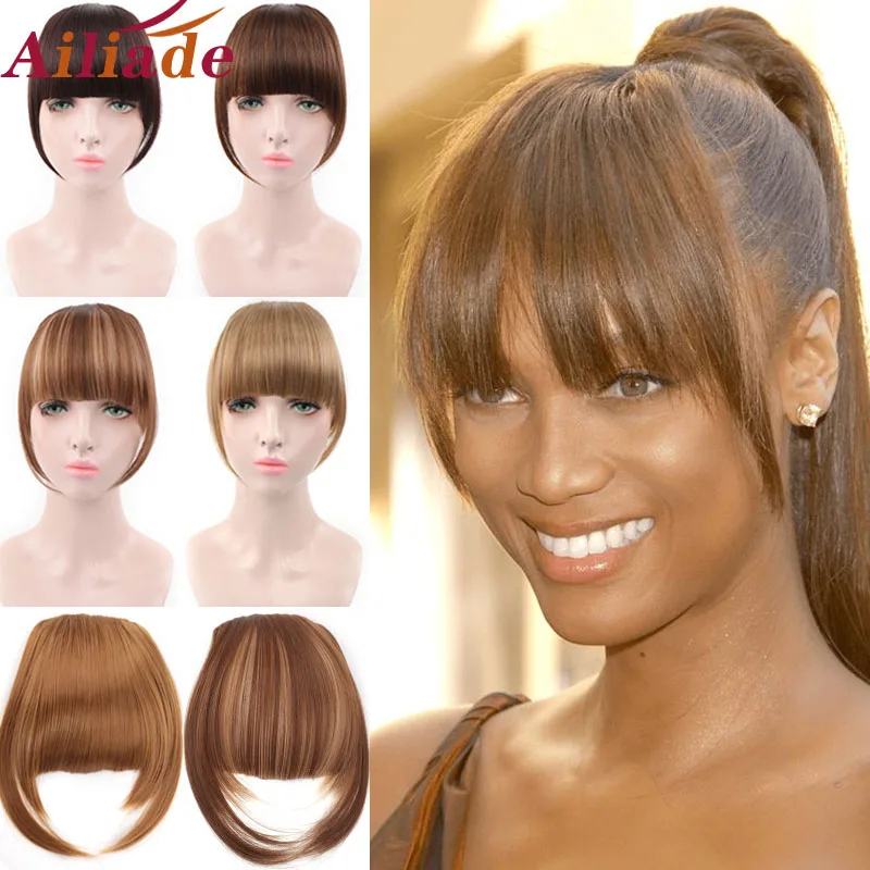 

AILIADE Black Short Front Neat Bangs Fake Fringe Clip In Hair Extensions With Heat Resistant Hairpieces Synthetic For Women