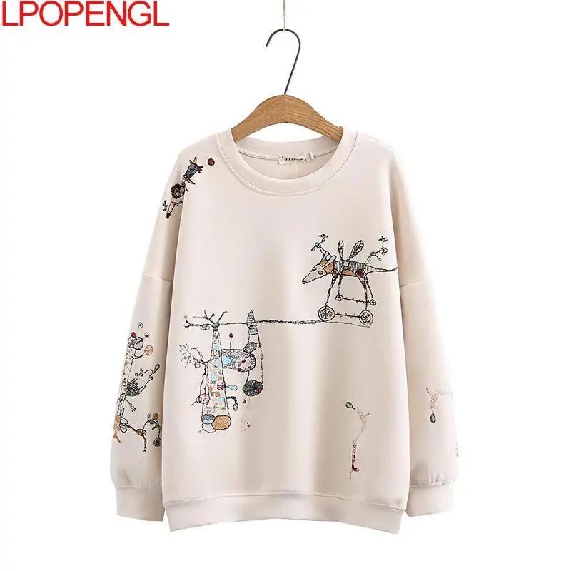 Harajuku Sweatshirt Frauen 2021 Plus Größe Herbst Neue Mode Casual Stich-bestickt Lange ärmeln O-Hals Atmungsaktiv hoodie Top