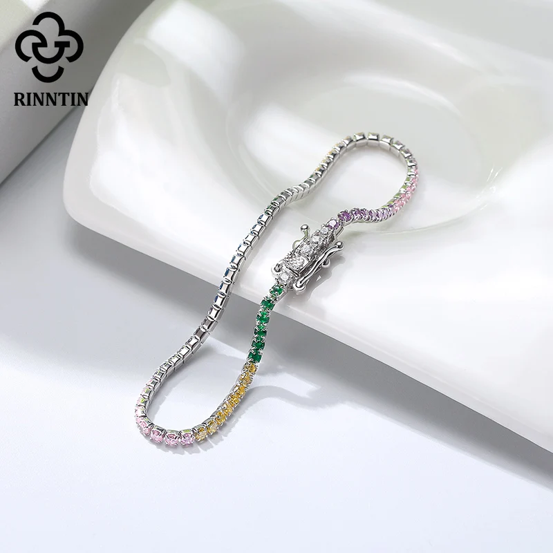 Rinntin 100% 925 Sterling Silver Infinity Women Tennis Bracelet with Colorful AAAA Zircon Bangle Wedding Jewelry Gifts TSB62
