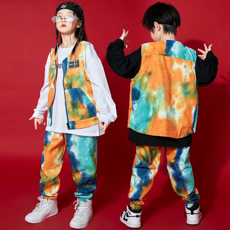 Kid Kpop Hip Hop Clothing Sweatshirt Print Sleeveless Jacket Top Streetwear Jogger Pants for Girl Boy Jazz Dance Costume Clothes