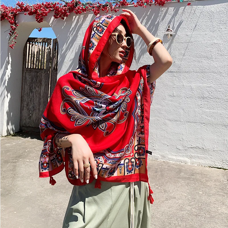 

Ladies Autumn Retro Scarf Shawl Blue Red Cashew Flower Outdoor Sunscreen Women's Silk Sunshade Over 175cm Cape Accessories Cloak