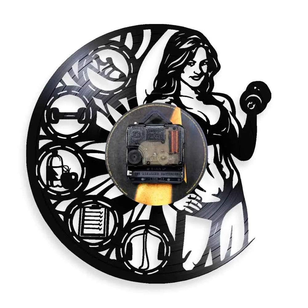 Muscle Lady Bodybuilding Vinyl Record Wall Clock For Female Room Workout Motivation Weightlifting GYM Fitness Decor Wall Watch